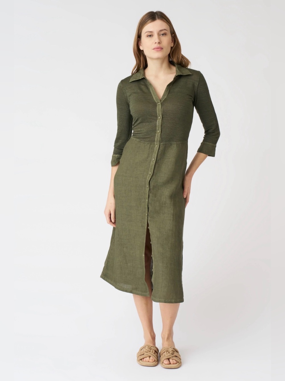 120% Lino The Kat Shirt Dress Olive Green Linen Midi